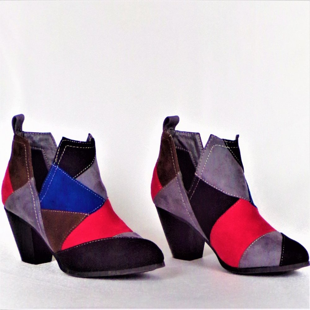 NATURE BREEZE size 6.5 multicolor faux-suede mid-heel ankle booties all synth.